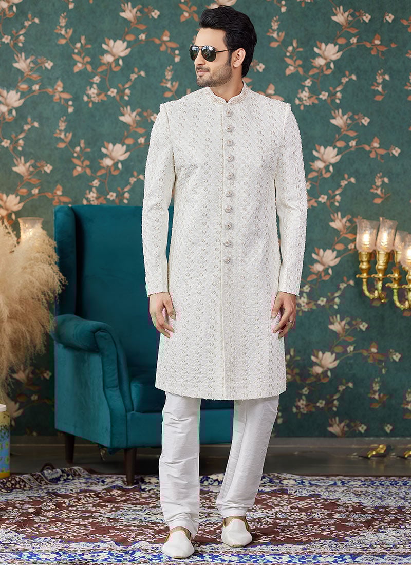 Cream Silk Embroidered Hand Work Classic Sherwani Wedding Wear