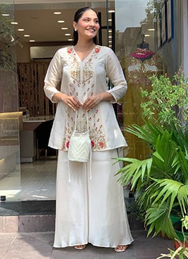 Cream Silk Embroidered Kurta Palazzo Set