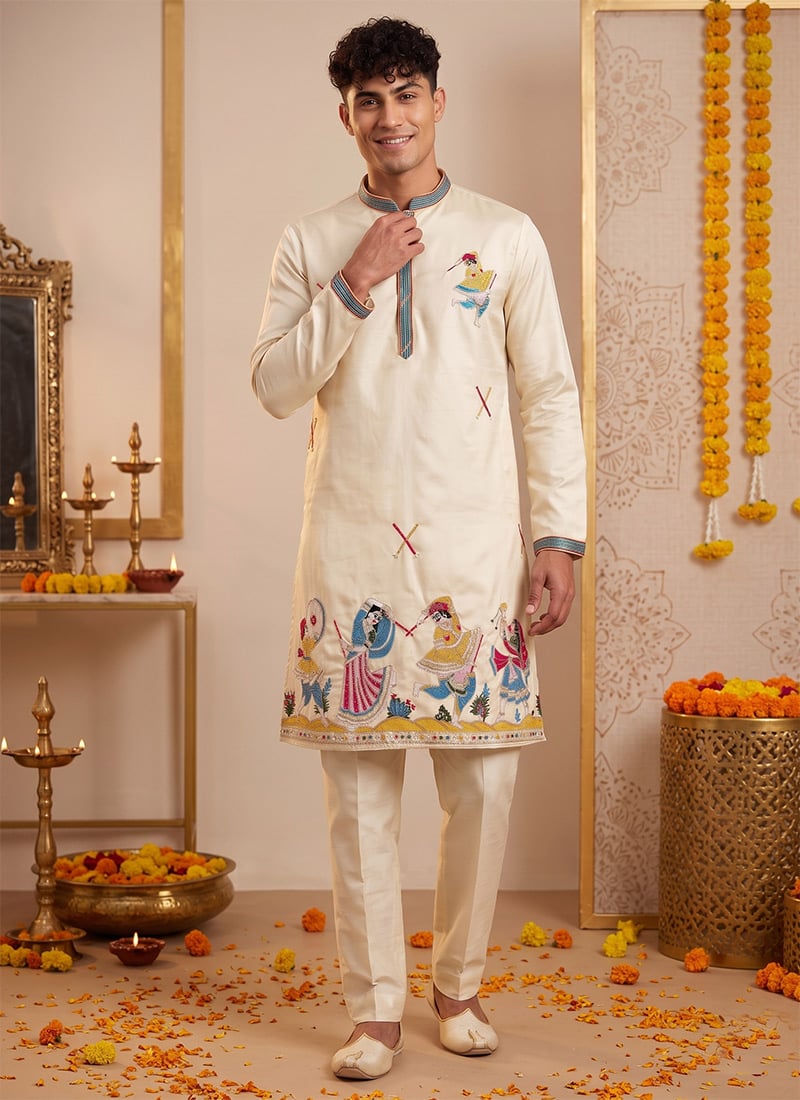 Cream Silk Embroidered Kurta Pyjama For Men Festive Wear