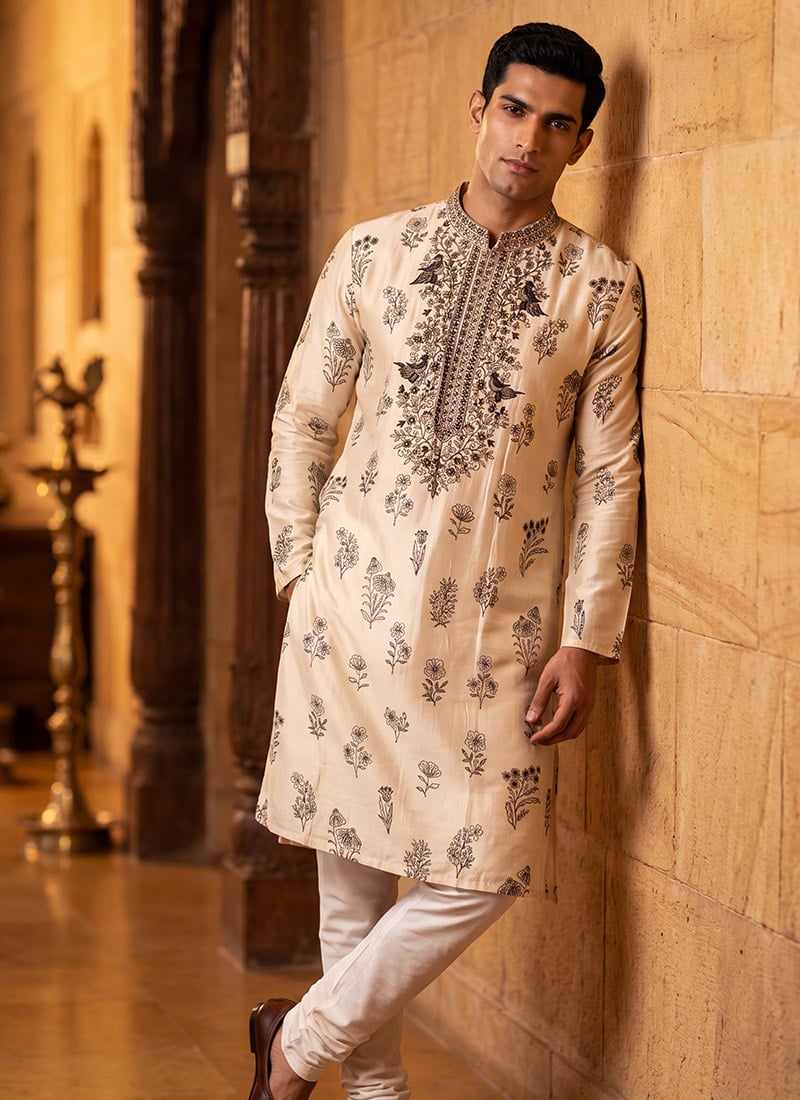 Cream Silk Embroidered Kurta Pyjama For Men Festive Wear