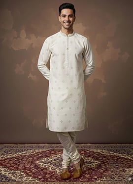 Cream Silk Embroidered Kurta Pyjama