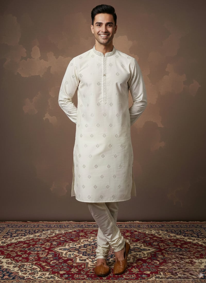 Cream Silk Embroidered Kurta Pyjama Festive Wear