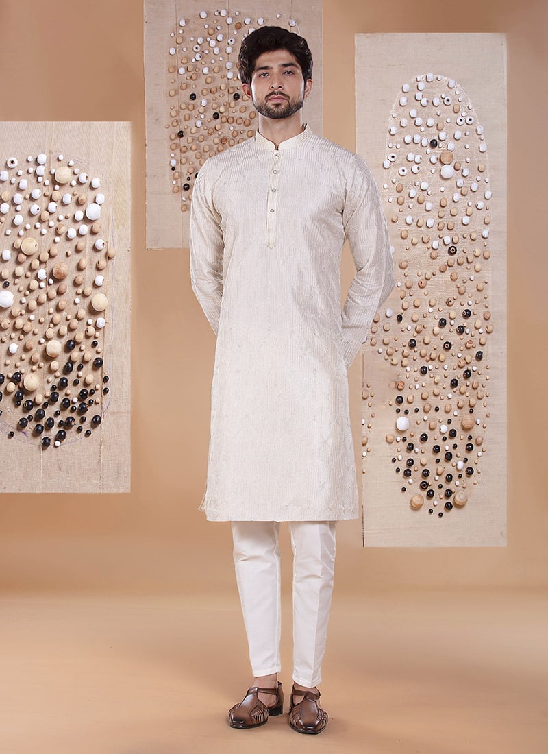 Cream Silk Embroidered Kurta Pyjama Festive Wear