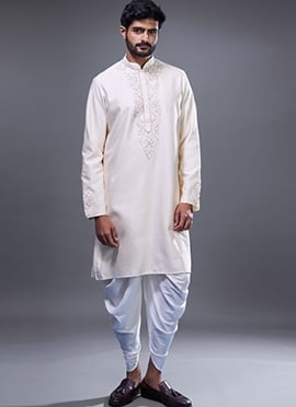 Cream Silk Embroidered Kurta Pyjama