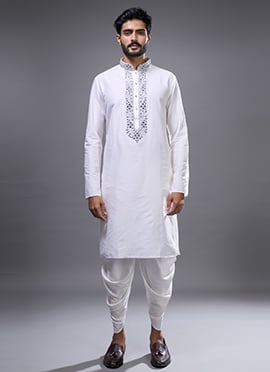 Cream Silk Embroidered Kurta Pyjama