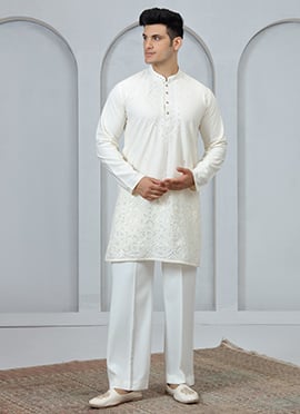 Cream Silk Embroidered Kurta Pyjama