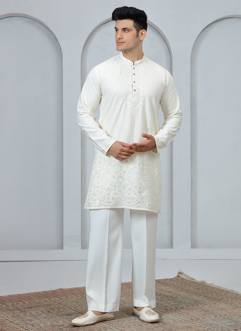 Cream Silk Embroidered Kurta Pyjama Festive Wear