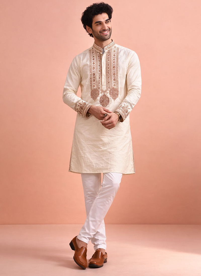 Cream Silk Embroidered Kurta Pyjama Festive Wear