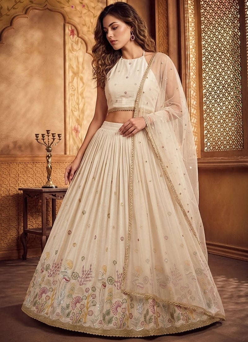 Cream Silk Embroidered Lehenga Wedding Wear