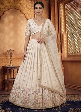 Cream Silk Embroidered Lehenga