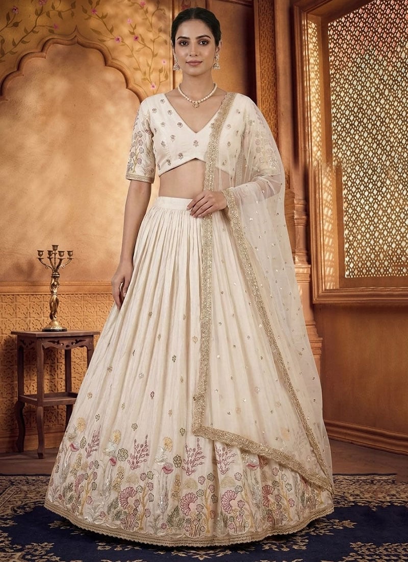 Cream Silk Embroidered Lehenga Wedding Wear
