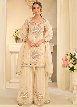 Cream Silk Embroidered Mirror Work Sequins Thread Sharara Suit