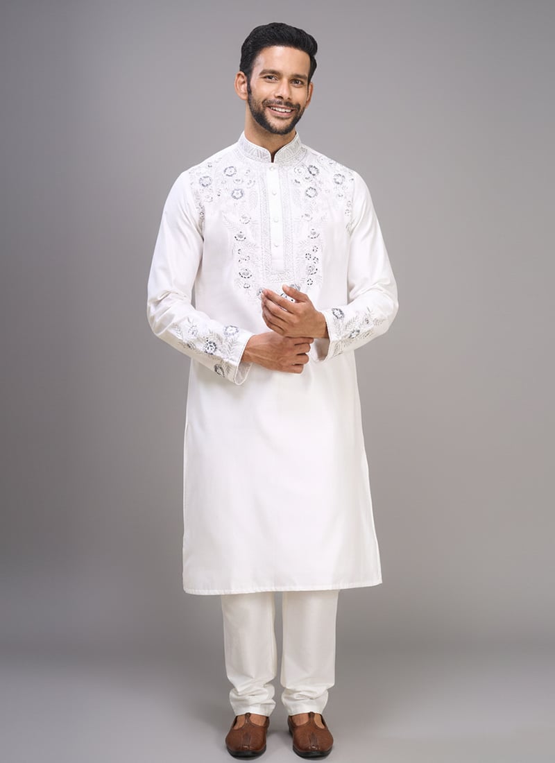 Cream Silk Embroidered Mirror Work Stylish Kurta Pyjama Festive Wear