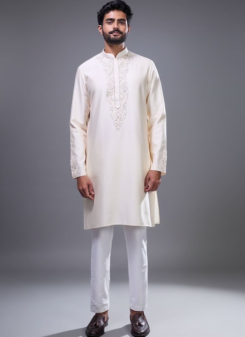 Cream Silk Embroidered Regal Kurta Pyjama Festive Wear