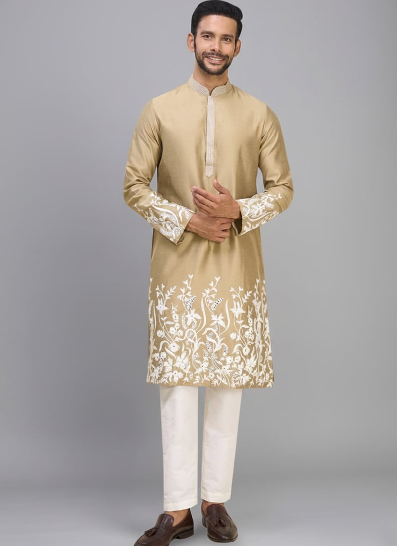 Cream Silk Embroidered Regal Kurta Pyjama Festive Wear