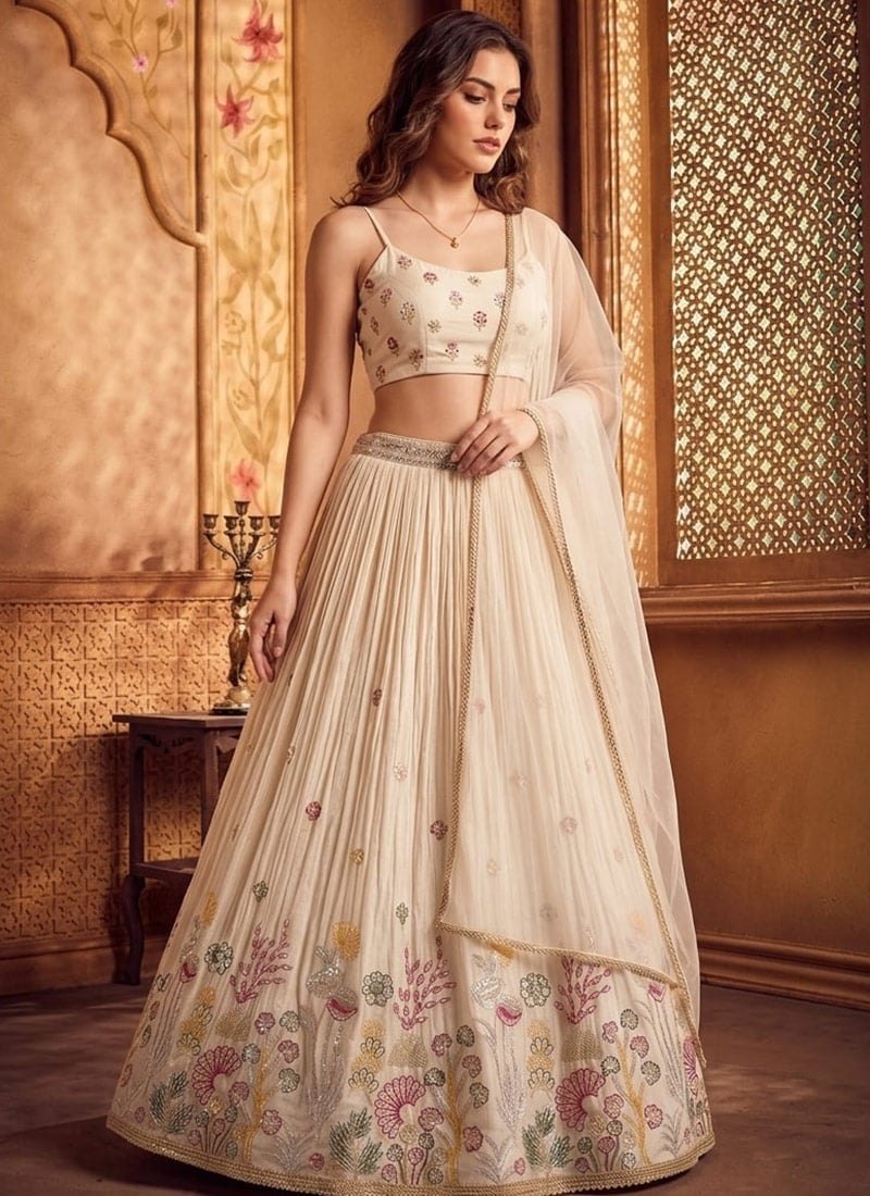 Cream Silk Embroidered Regal Lehenga Wedding Wear