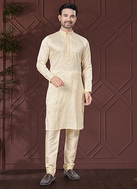 Cream Silk Embroidered Sequin Mens Kurta Pyjama Set