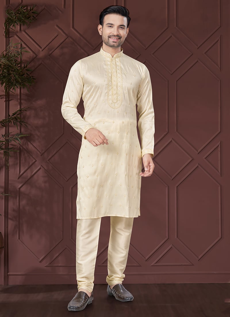 Cream Silk Embroidered Sequin Mens Kurta Pyjama Set Festive Wear