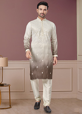 Cream Silk Embroidered Sequin Mens Kurta Pyjama Set