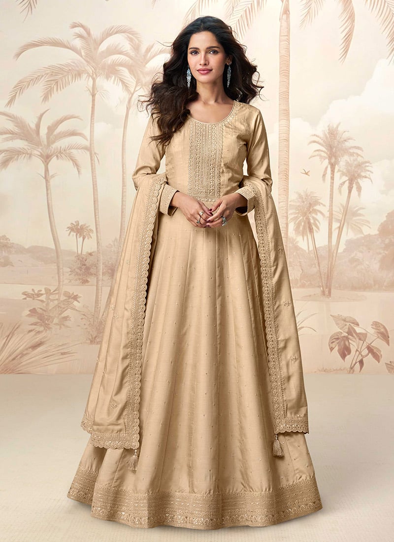 Cream Silk Embroidered Sequins A Line Anarkali Suit Festive Wear