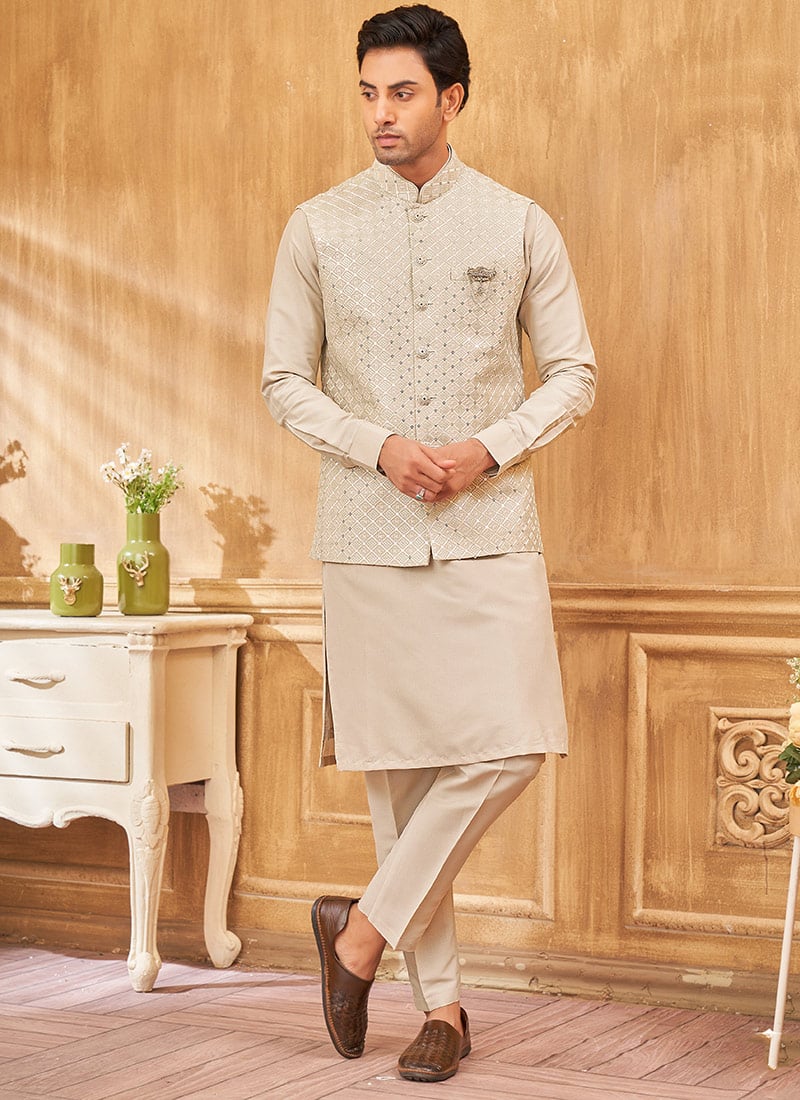 Cream Silk Embroidered Sequins Bandi Set Festive Wear