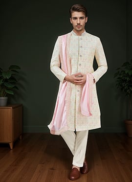 Cream Silk Embroidered Sequins Classic Sherwani