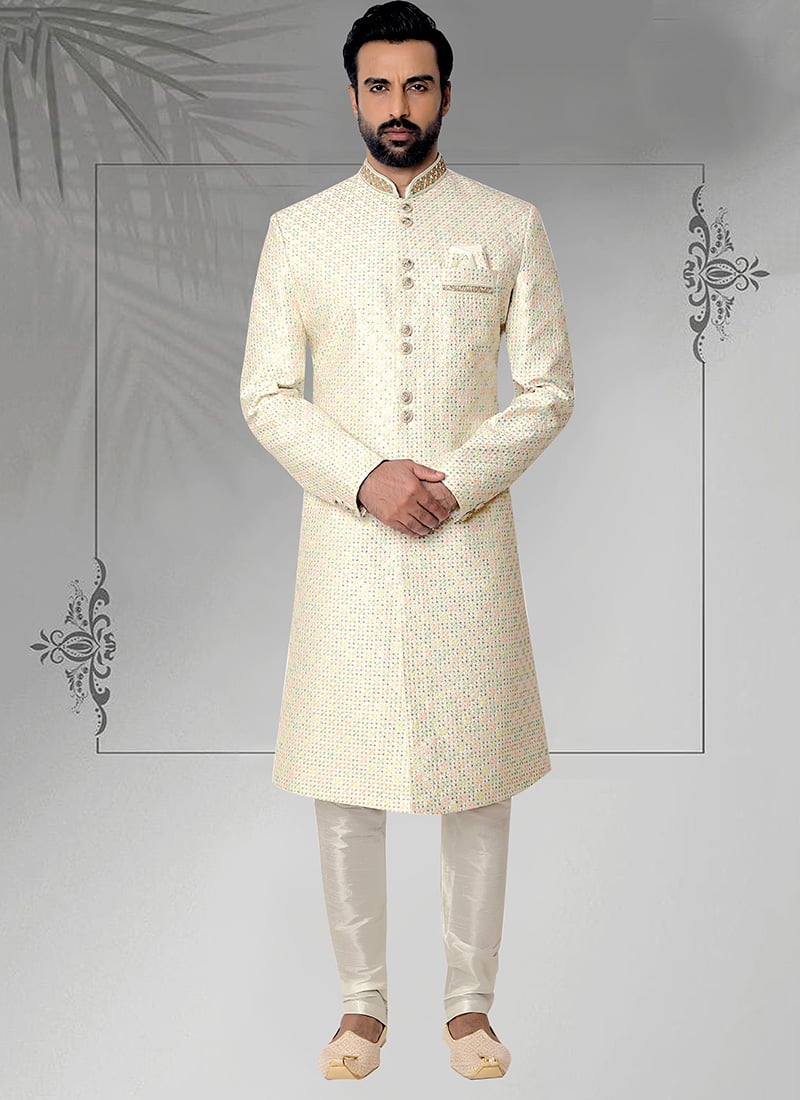 Cream Silk Embroidered Sequins Classic Sherwani Wedding Wear