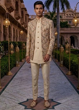Cream Silk Embroidered Sequins Indowestern Sherwani