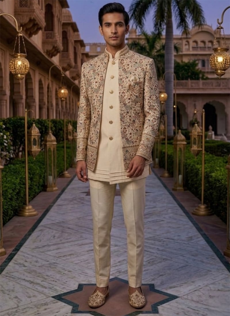 Cream Silk Embroidered Sequins Indowestern Sherwani  Wedding Wear