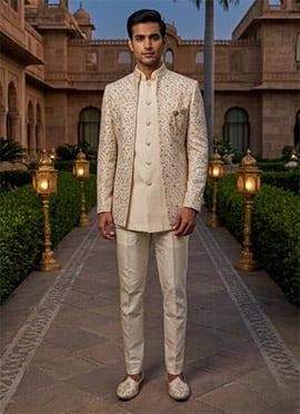 Cream Silk Embroidered Sequins Indowestern Sherwani