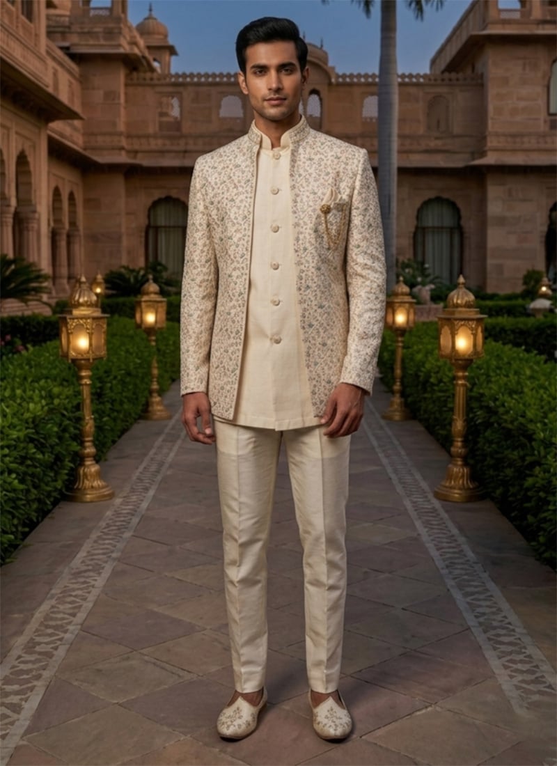 Cream Silk Embroidered Sequins Indowestern Sherwani  Wedding Wear