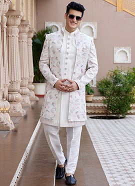 Cream Silk Embroidered Sequins Indowestern Sherwani
