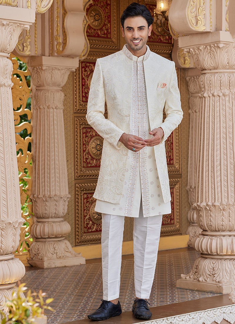 Cream Silk Embroidered Sequins Indowestern Sherwani Wedding Wear
