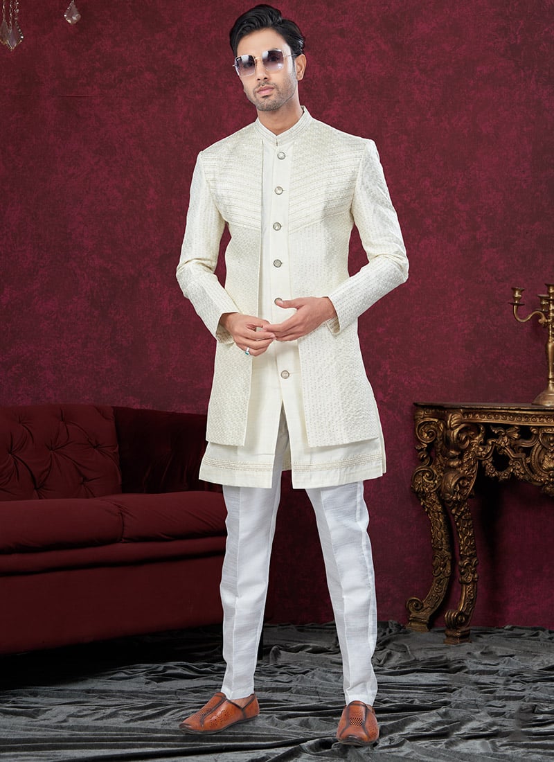 Cream Silk Embroidered Sequins Indowestern Sherwani Wedding Wear