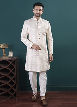 Cream Silk Embroidered Sequins Indowestern Sherwani