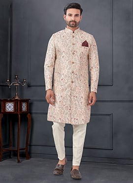 Cream Silk Embroidered Sequins Indowestern Sherwani