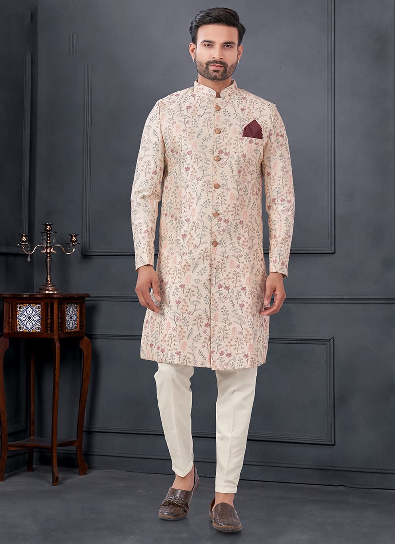 Cream Silk Embroidered Sequins Indowestern Sherwani Wedding Wear