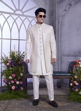 Cream Silk Embroidered Sequins Jacket Style Indowestern Sherwani