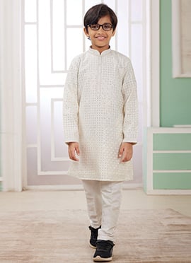 Cream Silk Embroidered Sequins Kids Boys Kurta Pyjama