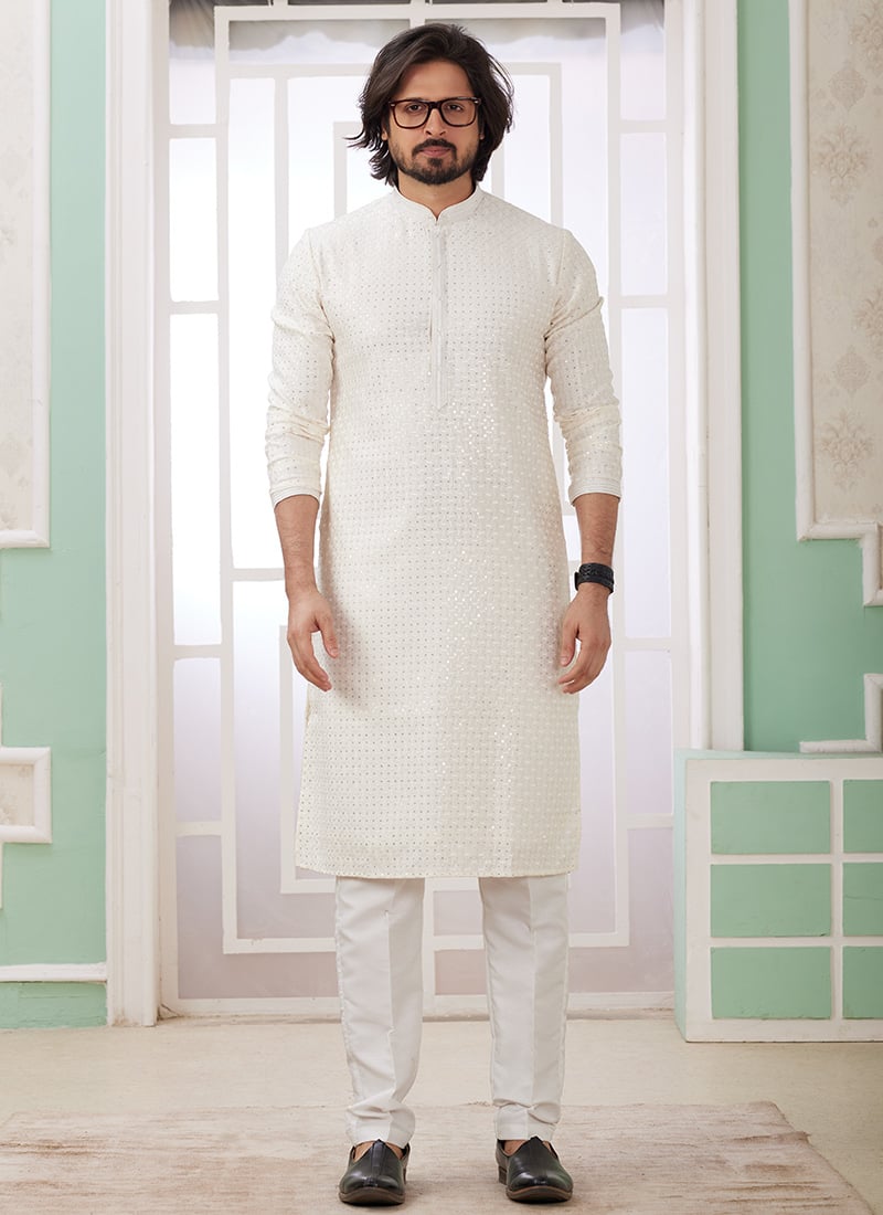 Cream Silk Embroidered Sequins Kurta Pyjama For Men