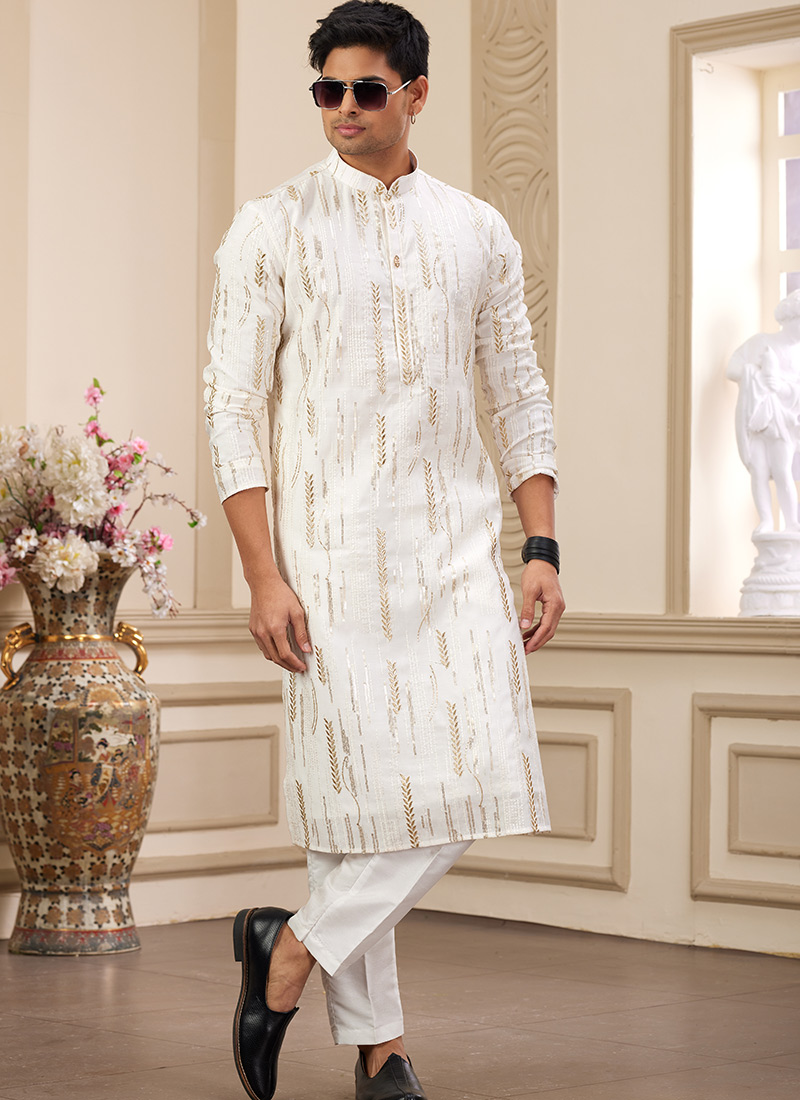 Cream Silk Embroidered Sequins Kurta Pyjama Festive Wear