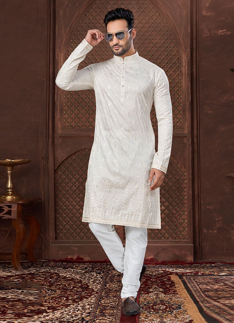 Cream Silk Embroidered Sequins Kurta Pyjama Festive Wear