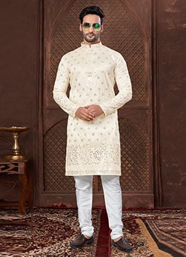 Cream Silk Embroidered Sequins Kurta Pyjama