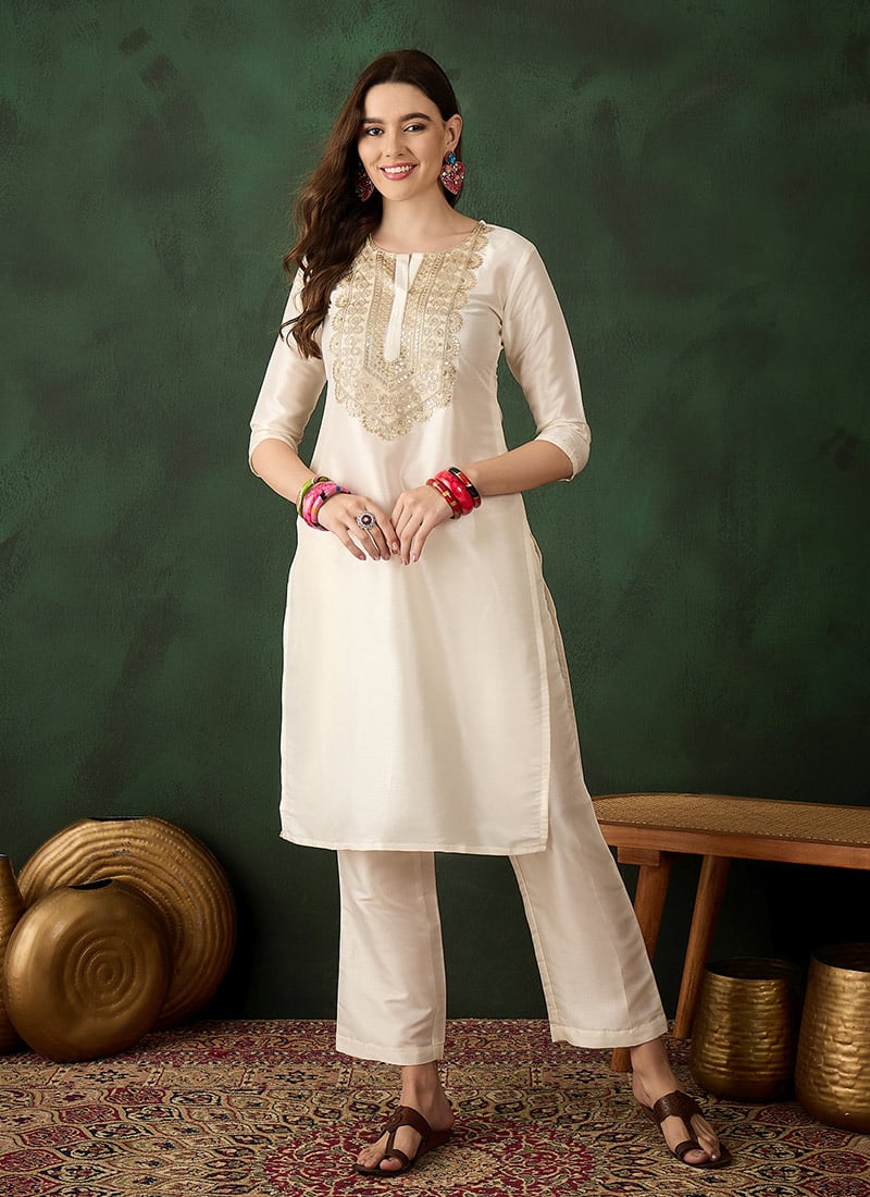 Cream Silk Embroidered Sequins Kurta Straight Pant Set