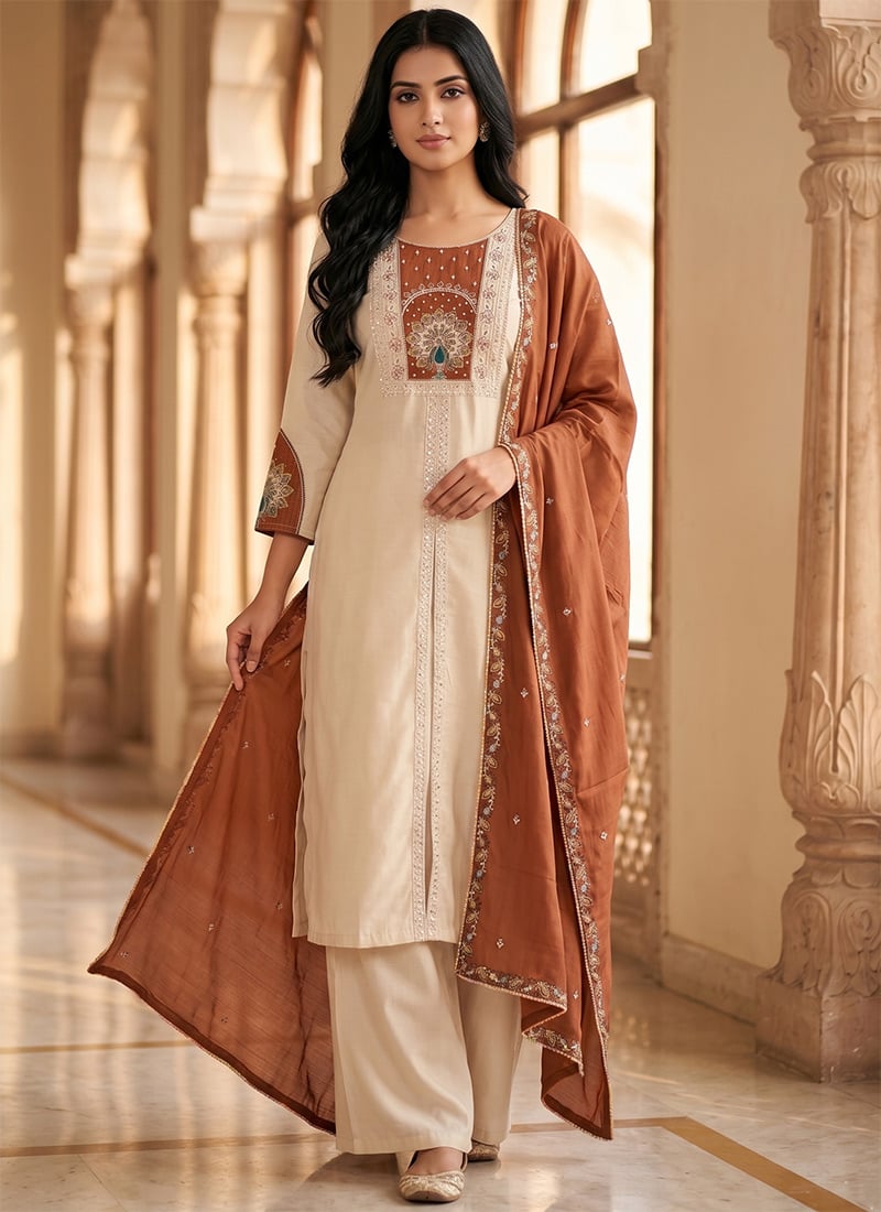 Cream Silk Embroidered Sequins Palazzo Suit Festive Wear