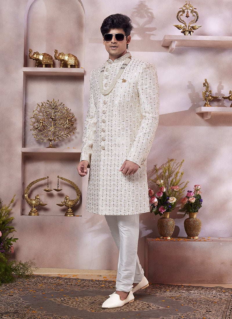 Cream Silk Embroidered Sequins Stone Hand Work Indowestern Sherwani