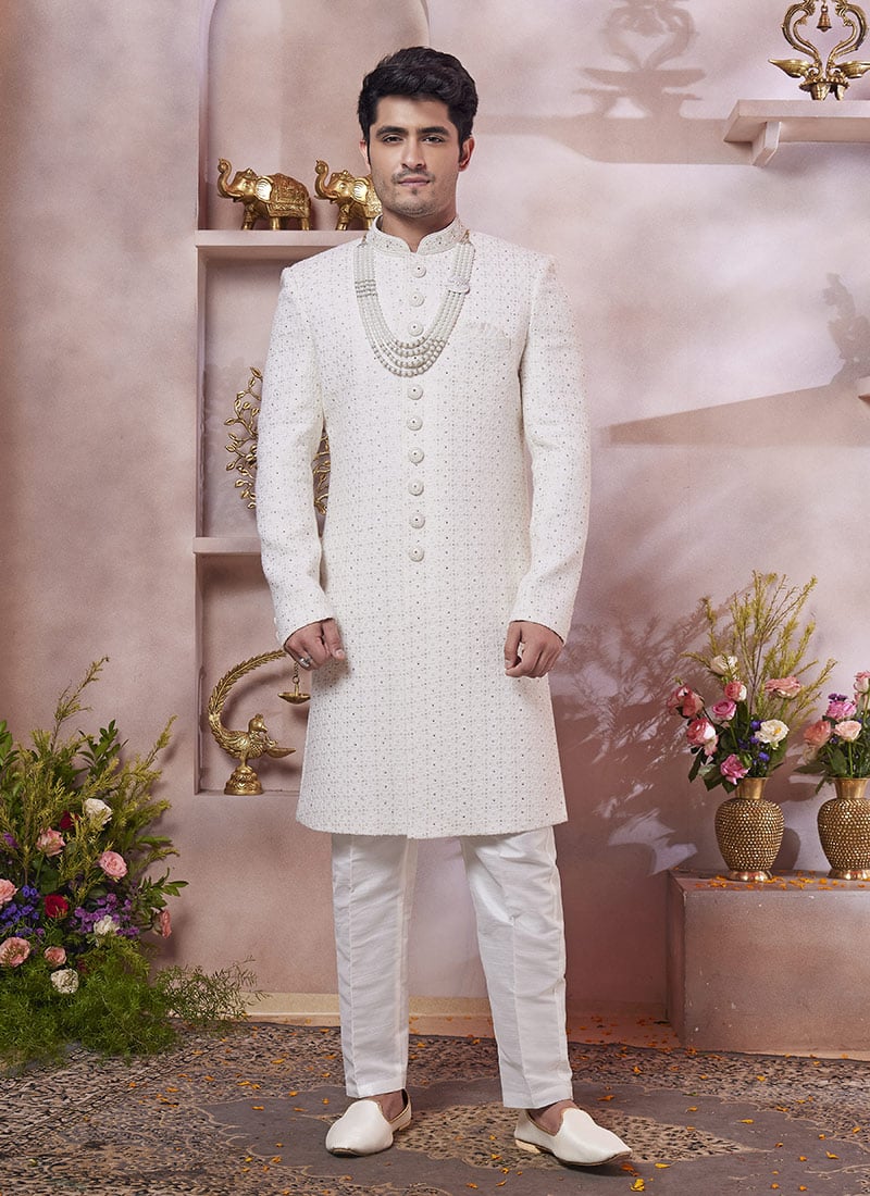 Cream Silk Embroidered Sequins Stone Hand Work Indowestern Sherwani Wedding Wear