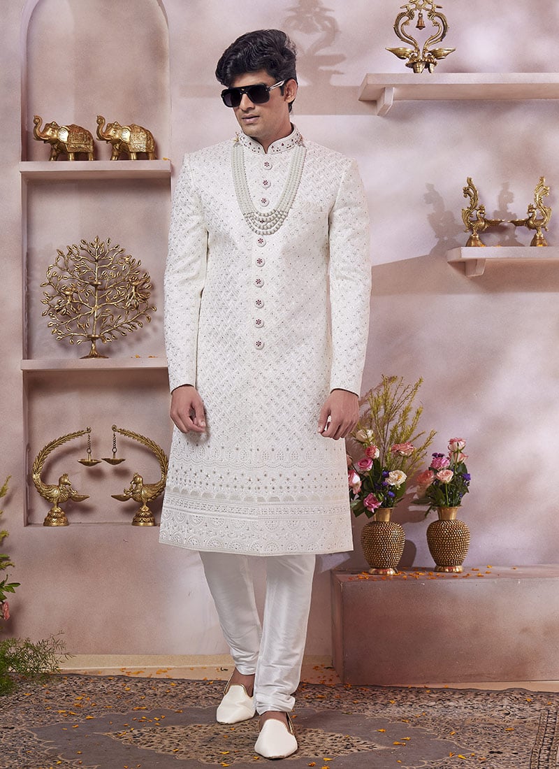 Cream Silk Embroidered Sequins Stone Hand Work Indowestern Sherwani Wedding Wear