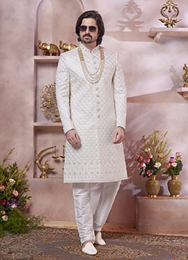 Cream Silk Embroidered Sequins Stone Hand Work Indowestern Sherwani