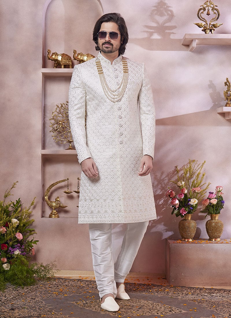 Cream Silk Embroidered Sequins Stone Hand Work Indowestern Sherwani Wedding Wear